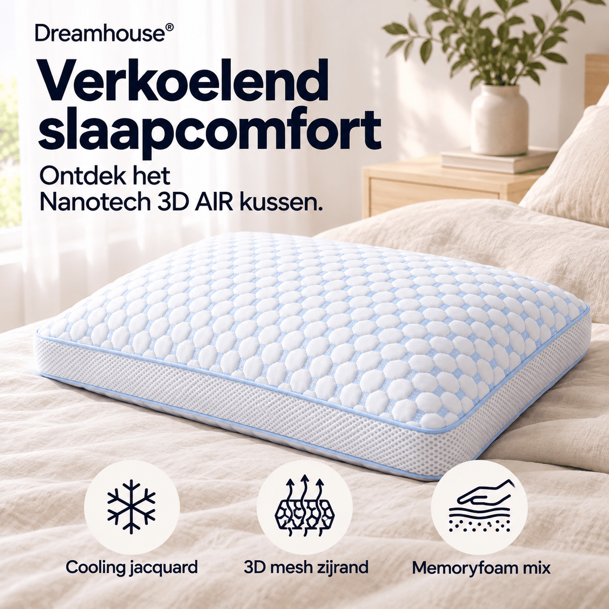 Verkoelend Hoofdkussen 50x70 cm – Memory Foam & 3D Air Mesh – Wit – Dreamhouse Nanotech - Dromen & Wonen